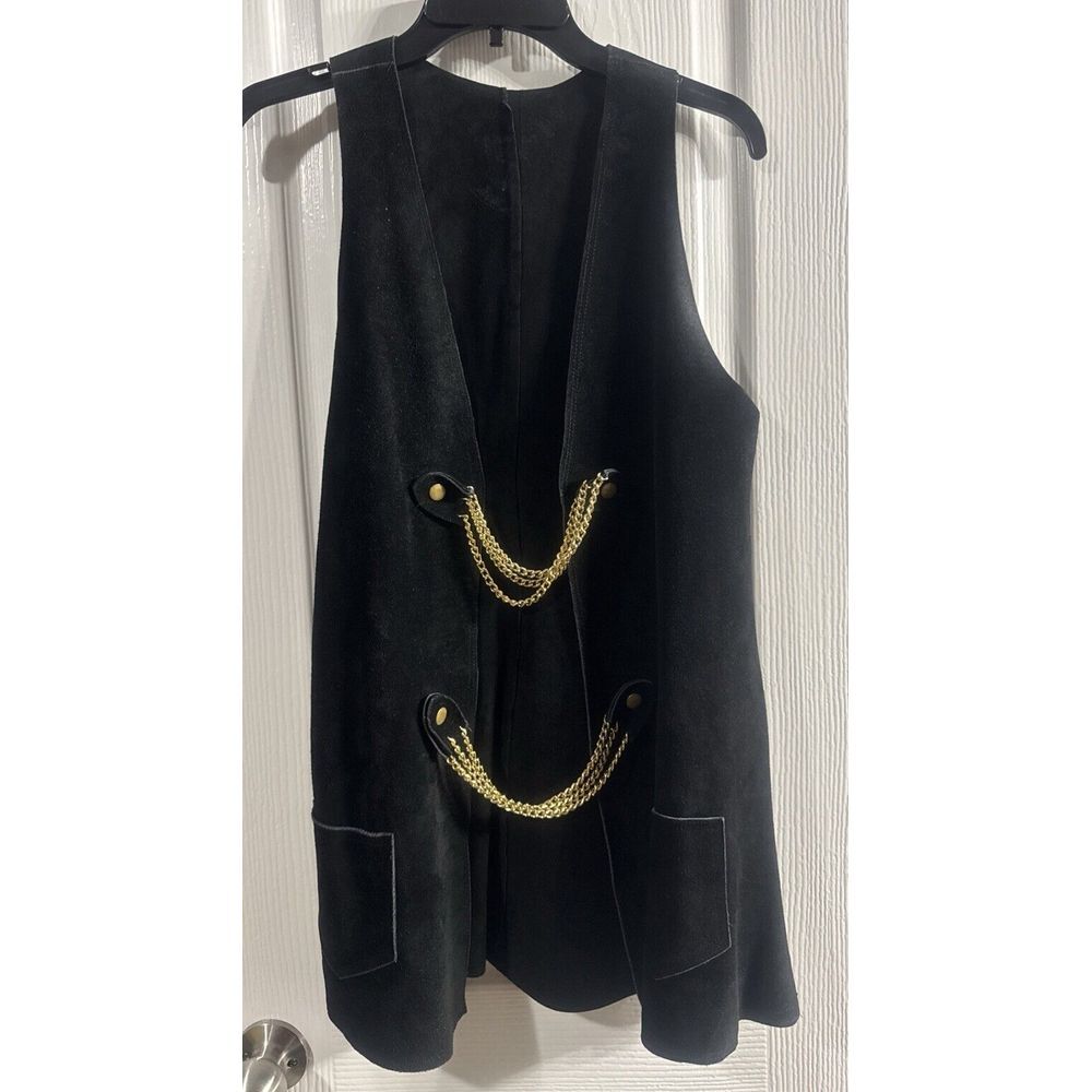 Vintage Women's Long Black Suede Vest With‎ Gold Link Chains Snap Buttons Rare!!